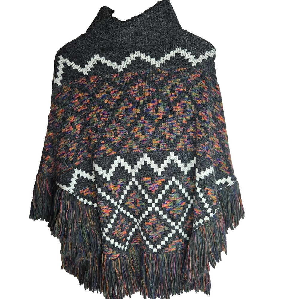 Altare Knit Boho Fringe Poncho Womens One Size